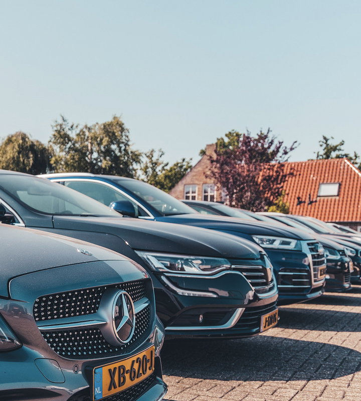 Rij personenauto’s die schuin naast elkaar geparkeerd staan op een buitenterrein, met huizen en bomen op de achtergrond.