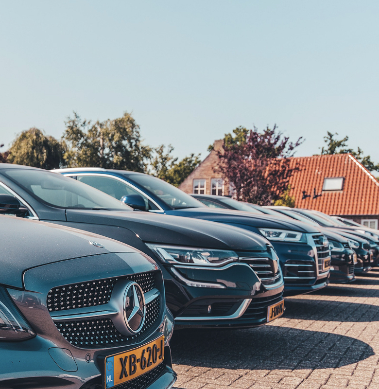 Rij personenauto’s die schuin naast elkaar geparkeerd staan op een buitenterrein, met huizen en bomen op de achtergrond.